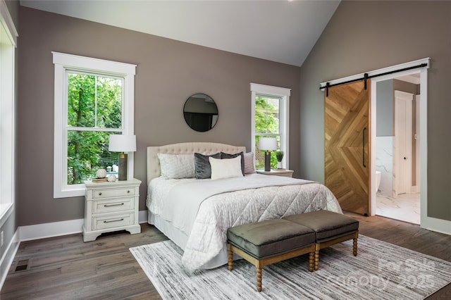 7703 Juniper Ln, Denver, NC 28037 - bedroom with a barn door, dark wood-style flooring, multiple windows, baseboards, and high vaulted ceiling