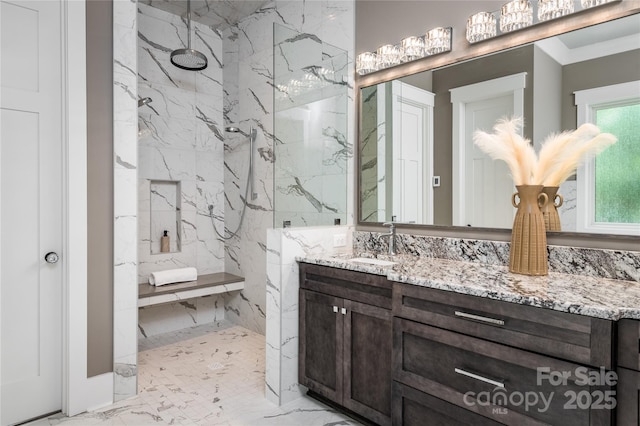 7703 Juniper Ln, Denver, NC 28037 - bathroom featuring a marble finish shower, marble finish flooring, and vanity