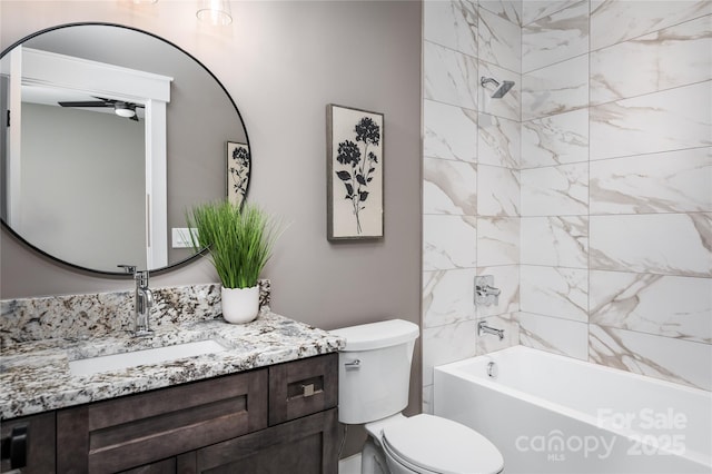 7703 Juniper Ln, Denver, NC 28037 - full bathroom featuring vanity, ceiling fan, toilet, and  shower combination