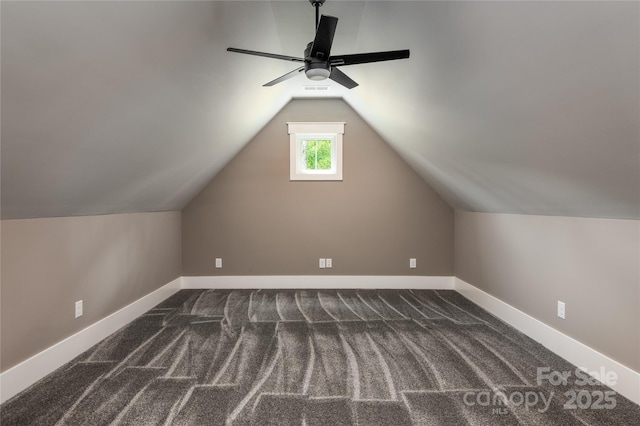 7703 Juniper Ln, Denver, NC 28037 - bonus room with a ceiling fan, vaulted ceiling, dark colored carpet, and baseboards
