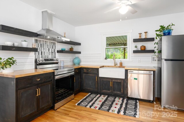 12 Canterbury Rd, Asheville, NC 28805 - kitchen with open shelves, stainless steel appliances, a sink, island exhaust hood, and butcher block counters