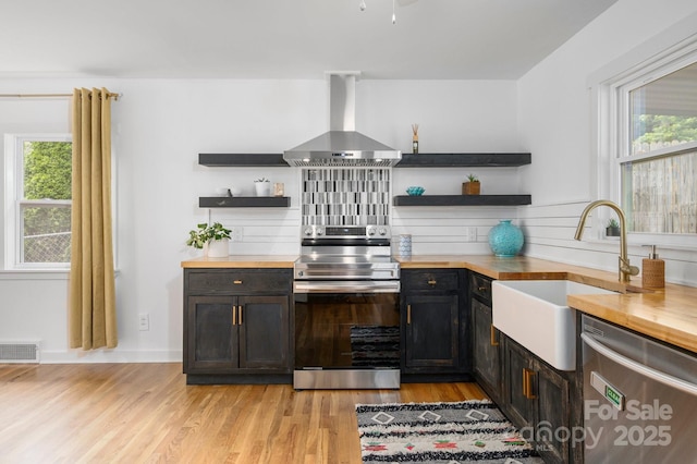 12 Canterbury Rd, Asheville, NC 28805 - kitchen with wall chimney exhaust hood, stainless steel appliances, open shelves, wood counters, and a sink