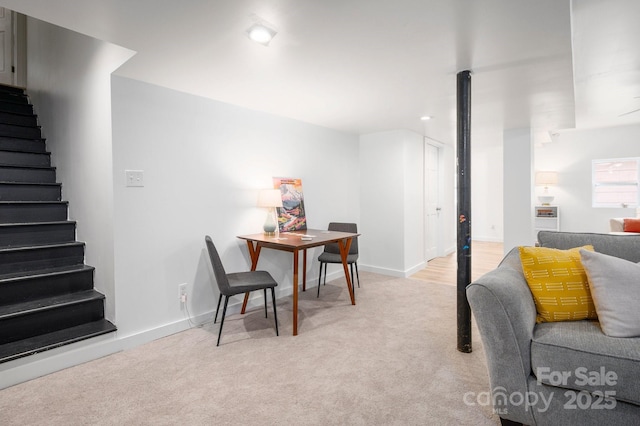 12 Canterbury Rd, Asheville, NC 28805 - living area with stairs, light carpet, baseboards, and recessed lighting