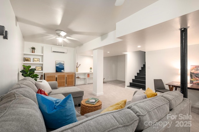12 Canterbury Rd, Asheville, NC 28805 - living room with a wall unit AC, light colored carpet, a ceiling fan, stairway, and baseboards