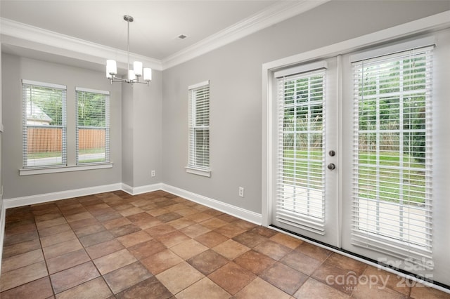 14034 Cedar Pond Cir, Huntersville, NC 28078 - unfurnished dining area with a chandelier, ornamental molding, baseboards, and stone finish flooring