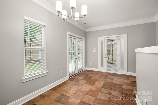14034 Cedar Pond Cir, Huntersville, NC 28078 - unfurnished dining area with ornamental molding, a chandelier, baseboards, stone finish flooring, and french doors