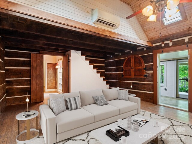 161 Moody Mountain Rd, Burnsville, NC 28714 - living area featuring a wall mounted air conditioner, wood ceiling, wood walls, a ceiling fan, and vaulted ceiling