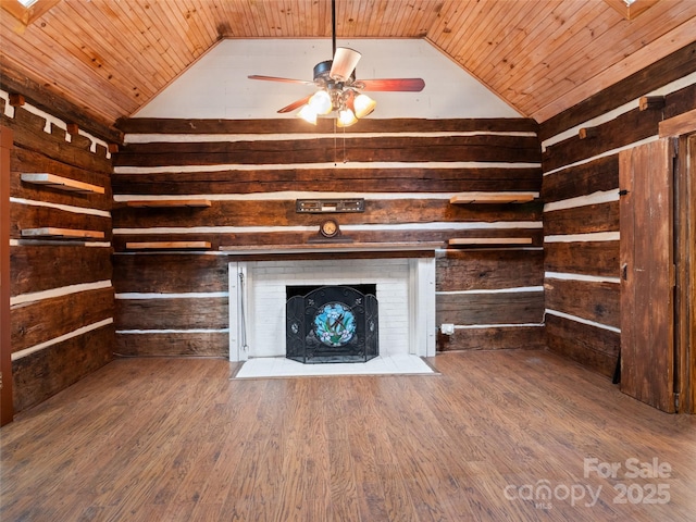161 Moody Mountain Rd, Burnsville, NC 28714 - unfurnished living room featuring lofted ceiling, wooden ceiling, wooden walls, a ceiling fan, and wood finished floors