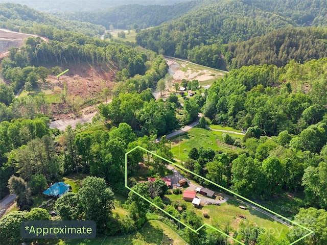161 Moody Mountain Rd, Burnsville, NC 28714 - aerial view of property and surrounding area with a heavily wooded area, property boundaries highlighted, and a mountainous background