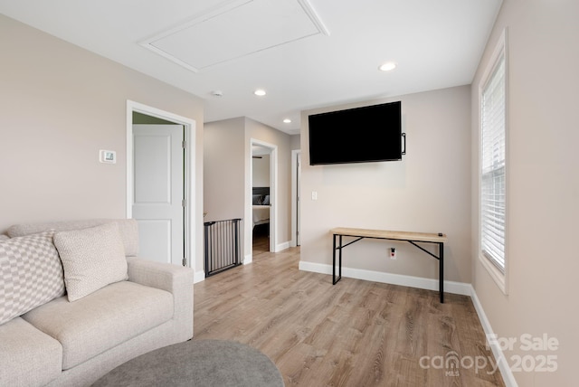 2242 Bear Creek Rd, Leicester, NC 28748 - living area featuring attic access, light wood-type flooring, baseboards, and recessed lighting