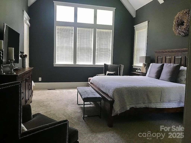 bedroom with vaulted ceiling, carpet flooring, and multiple windows