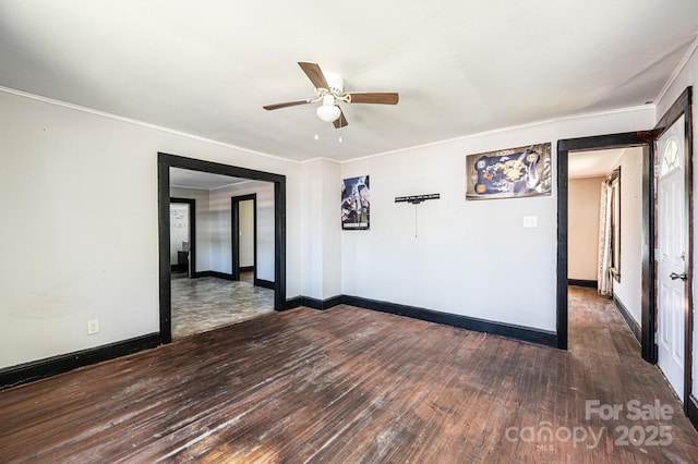3042 N Oxford St, Claremont, NC 28610 - unfurnished room with hardwood / wood-style flooring, baseboards, ceiling fan, and ornamental molding