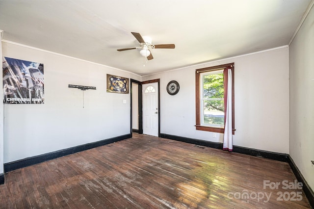 3042 N Oxford St, Claremont, NC 28610 - spare room with hardwood / wood-style flooring, ceiling fan, baseboards, and ornamental molding