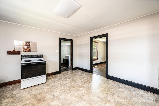 3042 N Oxford St, Claremont, NC 28610 - kitchen with electric stove, baseboards, and crown molding
