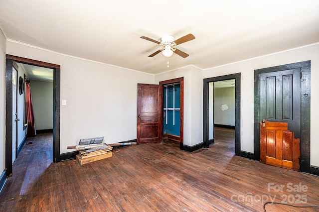 3042 N Oxford St, Claremont, NC 28610 - unfurnished bedroom featuring wood finished floors, baseboards, ornamental molding, and ceiling fan