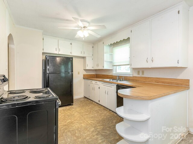 876 Stowe Ln, Gastonia, NC 28056 - kitchen with black appliances, open shelves, a sink, ceiling fan, and light floors