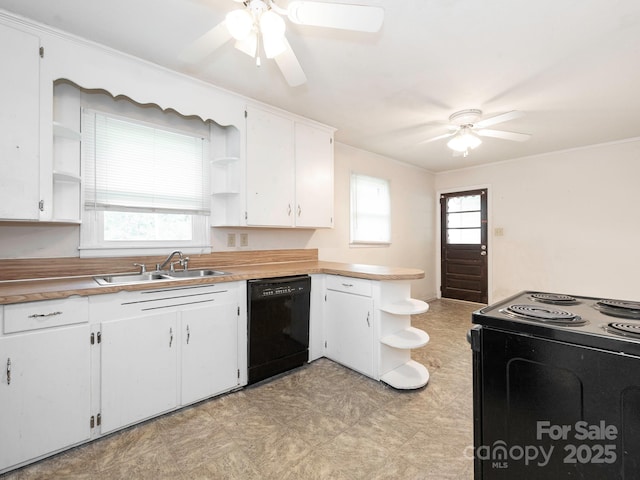 876 Stowe Ln, Gastonia, NC 28056 - kitchen featuring open shelves, black appliances, a sink, ceiling fan, and light flooring