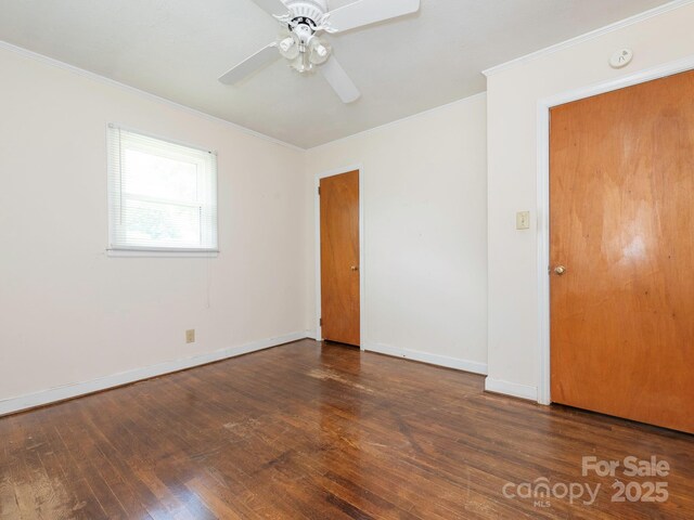 876 Stowe Ln, Gastonia, NC 28056 - spare room with ornamental molding, hardwood / wood-style flooring, baseboards, and a ceiling fan