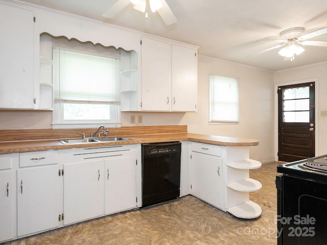 876 Stowe Ln, Gastonia, NC 28056 - kitchen with open shelves, black appliances, ceiling fan, a sink, and crown molding