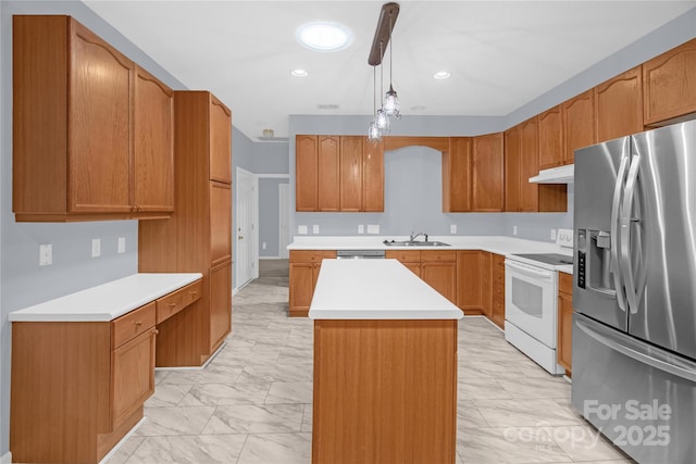 4467 Antelope Ln, Charlotte, NC 28269 - kitchen featuring stainless steel fridge, white electric stove, light marble finish flooring, a center island, and under cabinet range hood