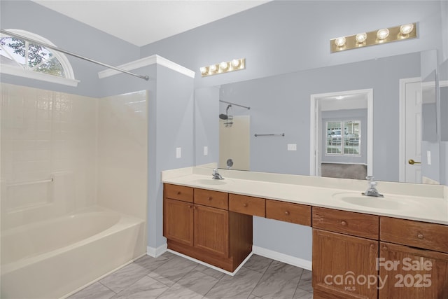 4467 Antelope Ln, Charlotte, NC 28269 - bathroom featuring tub / shower combination, double vanity, and marble finish floors