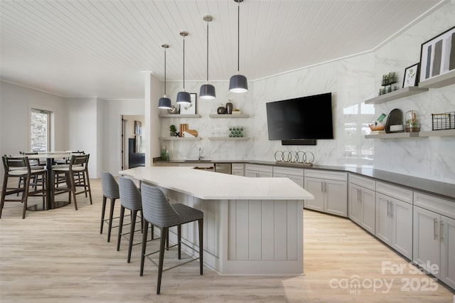 kitchen featuring open shelves, wood ceiling, gray cabinets, tasteful backsplash, and light wood finished floors