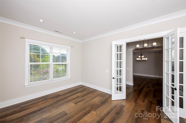 720 Cavesson Way, Monroe, NC 28110 - empty room with french doors, a chandelier, dark wood-type flooring, and ornamental molding