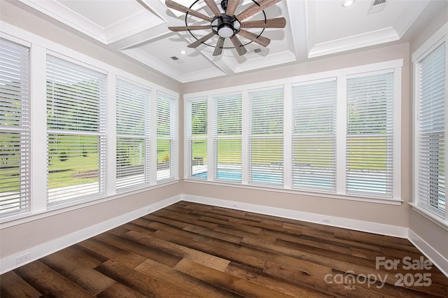 720 Cavesson Way, Monroe, NC 28110 - unfurnished sunroom with coffered ceiling, wood finished floors, beam ceiling, ornamental molding, and recessed lighting