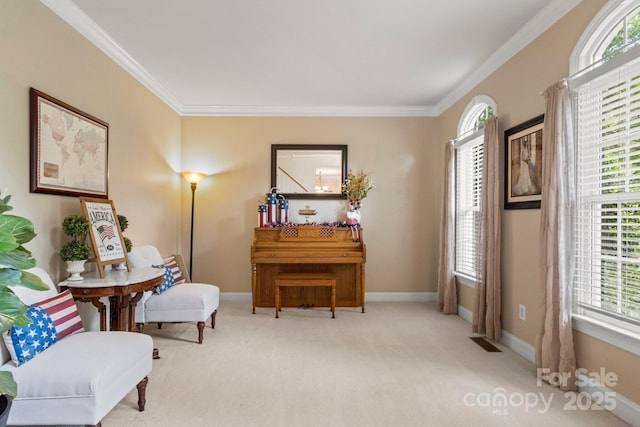 4389 Enchantment Cove Ln, Charlotte, NC 28216 - living area with ornamental molding, light carpet, and baseboards