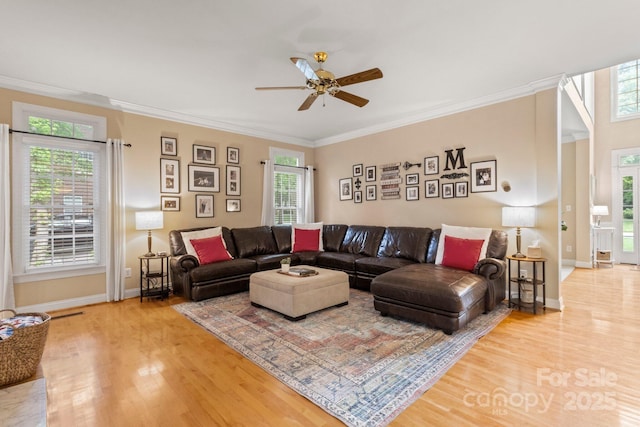4389 Enchantment Cove Ln, Charlotte, NC 28216 - living room with wood finished floors, healthy amount of natural light, baseboards, and crown molding