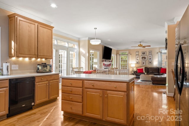 4389 Enchantment Cove Ln, Charlotte, NC 28216 - kitchen with dishwasher, light wood-style flooring, light countertops, ornamental molding, and ceiling fan