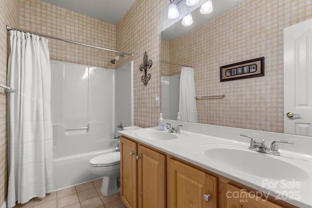 4389 Enchantment Cove Ln, Charlotte, NC 28216 - bathroom featuring tile patterned flooring, shower / bathtub combination with curtain, toilet, double vanity, and wallpapered walls