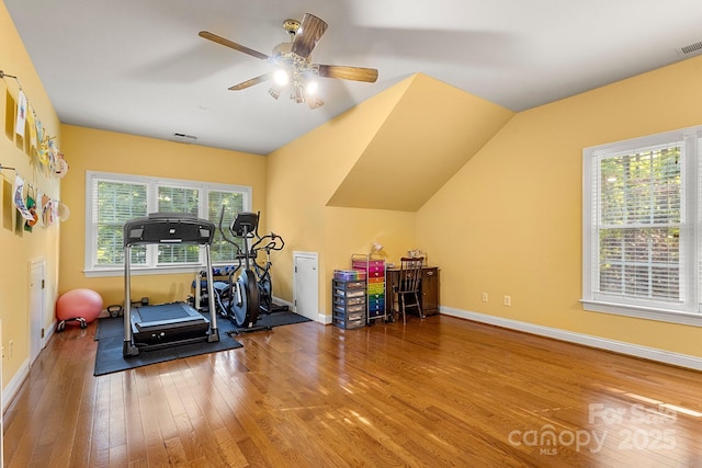 4389 Enchantment Cove Ln, Charlotte, NC 28216 - workout area with hardwood / wood-style floors, a ceiling fan, baseboards, and vaulted ceiling