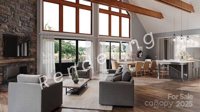 88 Lost Trl Unit 143, Highlands, NC 28741 - living room featuring high vaulted ceiling, a stone fireplace, beam ceiling, wood finished floors, and a chandelier