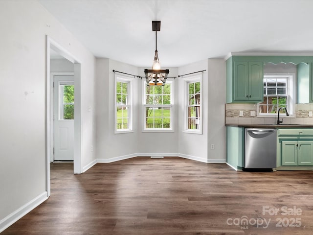 730 Cove Rd, Gastonia, NC 28052 - kitchen with green cabinets, stainless steel dishwasher, a chandelier, dark wood-style floors, and a sink