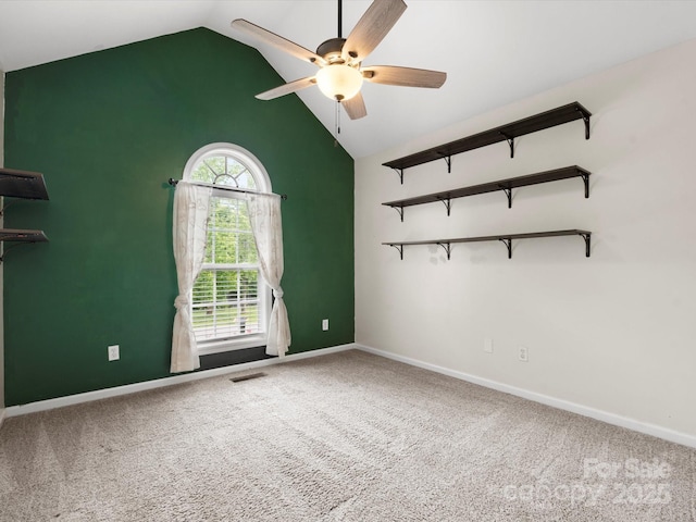 730 Cove Rd, Gastonia, NC 28052 - unfurnished room featuring a ceiling fan, vaulted ceiling, carpet, and baseboards