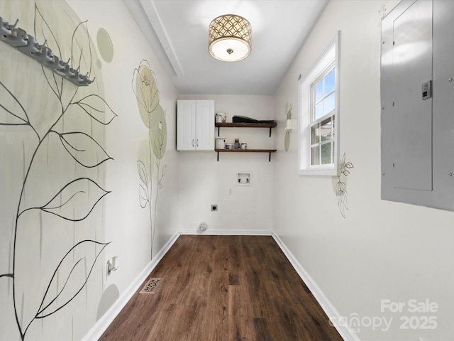 730 Cove Rd, Gastonia, NC 28052 - laundry room featuring washer hookup, cabinet space, electric panel, wood finished floors, and electric dryer hookup