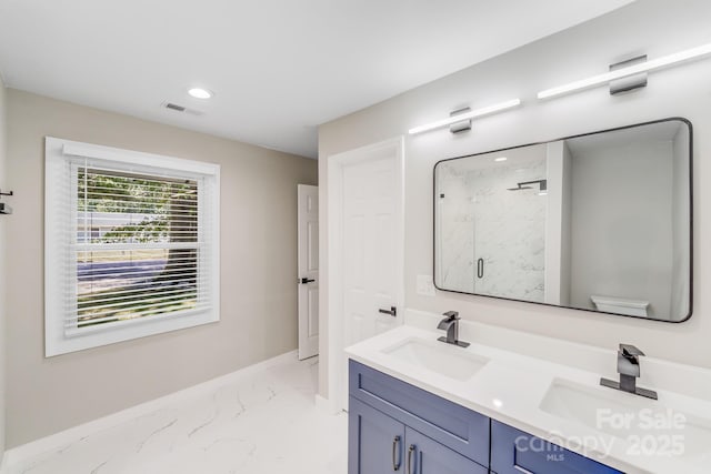 2000 Tyvola Rd, Charlotte, NC 28210 - full bath featuring marble finish floors, a marble finish shower, double vanity, and recessed lighting