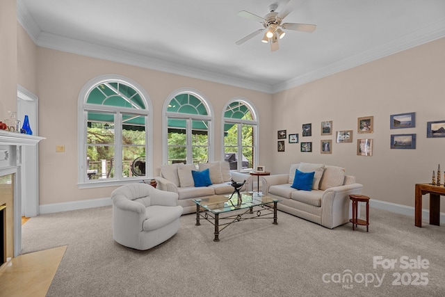 10317 Clubhouse View Ln, Mint Hill, NC 28227 - living area with carpet, crown molding, a ceiling fan, and a high end fireplace
