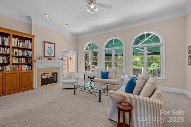 10317 Clubhouse View Ln, Mint Hill, NC 28227 - living area with carpet flooring, ceiling fan, a fireplace with flush hearth, ornamental molding, and recessed lighting