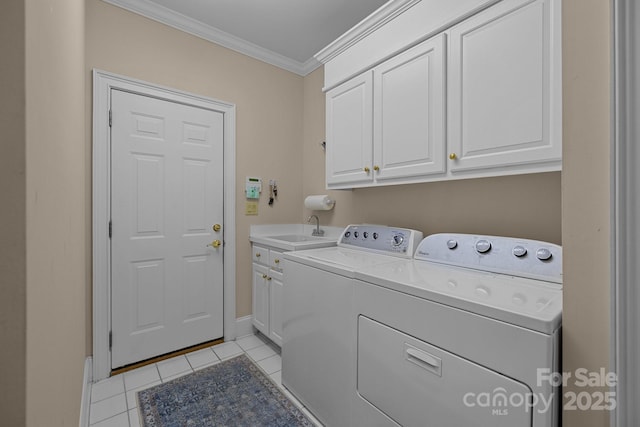 10317 Clubhouse View Ln, Mint Hill, NC 28227 - laundry room with cabinet space, ornamental molding, washer and dryer, and light tile patterned flooring