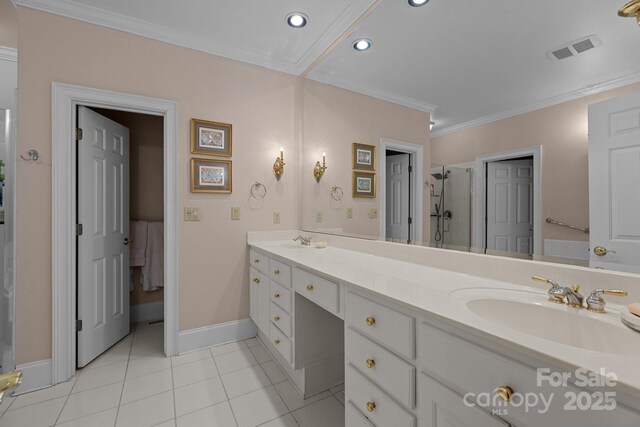 10317 Clubhouse View Ln, Mint Hill, NC 28227 - bathroom featuring double vanity, a stall shower, tile patterned flooring, recessed lighting, and ornamental molding