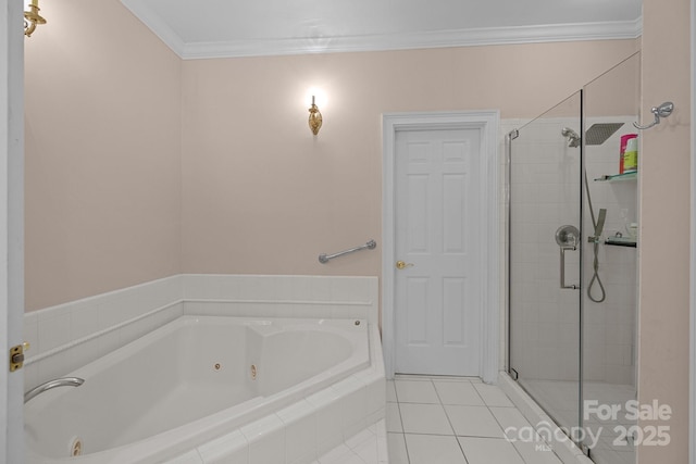 10317 Clubhouse View Ln, Mint Hill, NC 28227 - full bath with a jetted tub, a shower stall, ornamental molding, and tile patterned flooring
