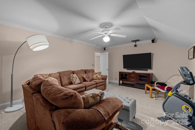 10317 Clubhouse View Ln, Mint Hill, NC 28227 - living room with carpet, ceiling fan, crown molding, and vaulted ceiling