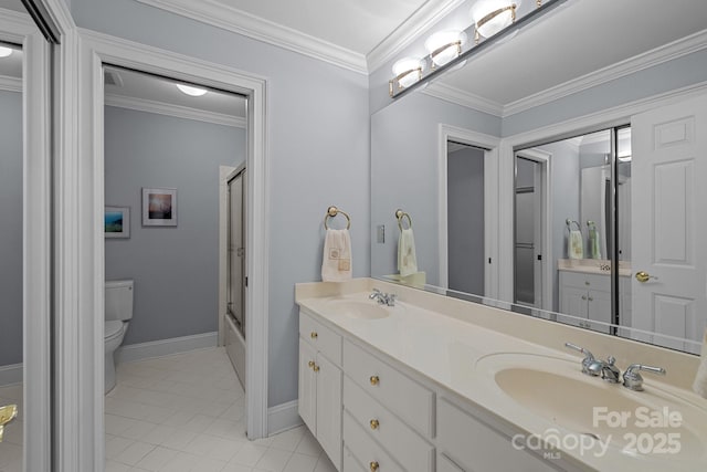 10317 Clubhouse View Ln, Mint Hill, NC 28227 - full bath featuring double vanity, tile patterned floors, enclosed tub / shower combo, and crown molding