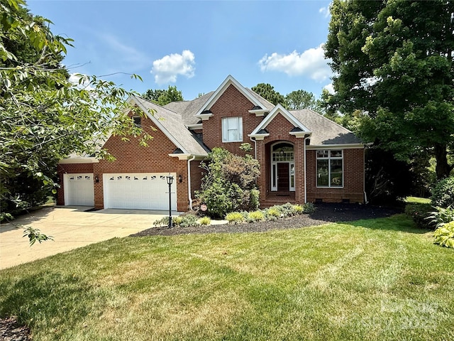 10317 Clubhouse View Ln, Mint Hill, NC 28227 - view of front of house featuring brick siding, a garage, driveway, a front yard, and roof with shingles