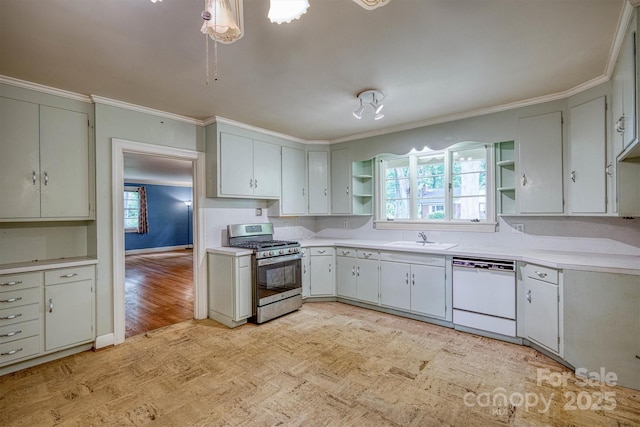 1503 Brentwood Dr, Newton, NC 28658 - kitchen with dishwasher, gas range, open shelves, light countertops, and a sink
