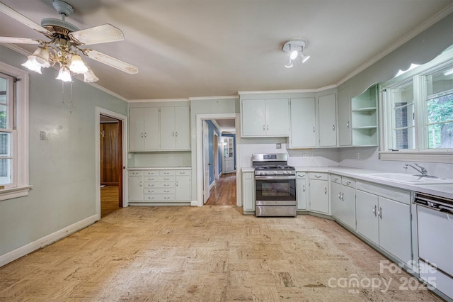 1503 Brentwood Dr, Newton, NC 28658 - kitchen featuring gas range, white dishwasher, open shelves, crown molding, and light countertops