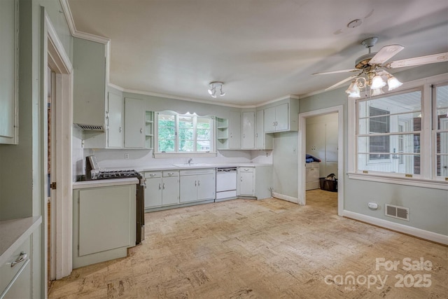 1503 Brentwood Dr, Newton, NC 28658 - kitchen featuring dishwasher, stainless steel gas range, a sink, open shelves, and a ceiling fan