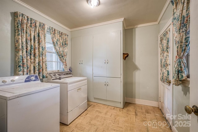 1503 Brentwood Dr, Newton, NC 28658 - laundry room featuring cabinet space, washer and clothes dryer, ornamental molding, and baseboards